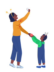 Mother and son decorate for xmas semi flat color vector characters. Standing figures. Full body people on white. Winter isolated modern cartoon style illustration for graphic design and animation