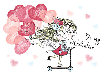A Valentine's day card. A cute girl with balloons rides a scooter. Be my Valentine. Vector