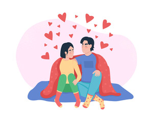Couple cuddling 2D vector isolated illustration. People in love spending time together. Boyfriend and girlfriend flat characters on cartoon background. Partners hugging under blanket colourful scene