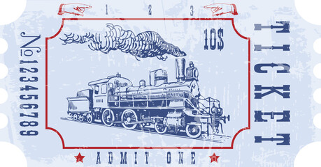 vector image of old vintage american western rail train ticket	 - obrazy, fototapety, plakaty