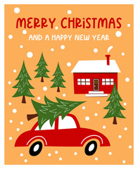New Year greeting card, poster drawn in cartoon style. Vector illustration.