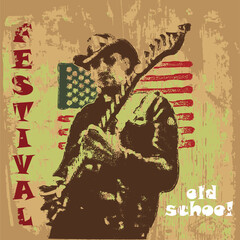 Printvector image of poster of american country rock music festival with guitar player playing guitar on bright textures	