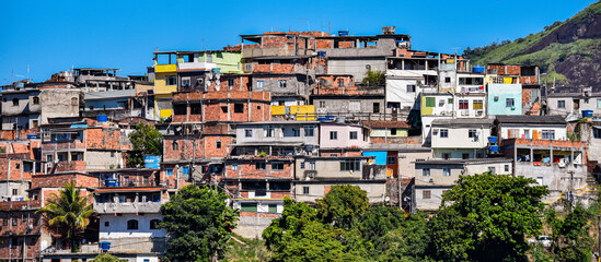 Photograph of low-income peripheral community popularly known as “favela” in Rio de Janeiro, Brazil - obrazy, fototapety, plakaty