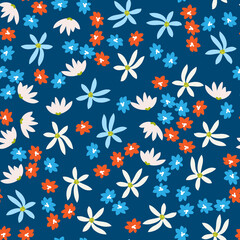 Seamless pattern with blue, white and orange flowers