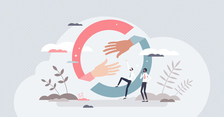Hands helping or giving support with united collaboration tiny person concept. Reach business partner with strong solidarity and trustworthy vector illustration. Teamwork join and diversity power.