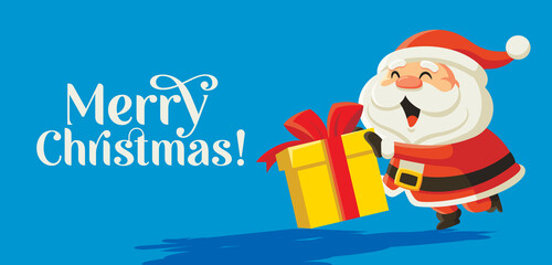 Funny cartoon Santa Claus pushing Christmas present on blue background with calligraphy lettering. For Christmas and New Year greeting card and social media use. Merry Christmas card
