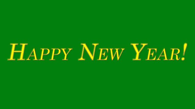 Happy New Years video computer rendering with white flying snowflakes in English, German, French, Spanish and Italian on green background