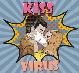vector image of a masked kiss in a comic book style COVID-19	
