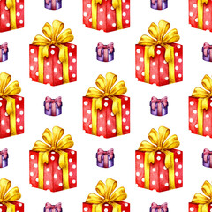 Watercolor illustration pattern red and purple boxes with bow. Holiday gifts, wrapped gift boxes, birthday, Christmas, New Year design elements. Isolated over white background. Drawn by hand.