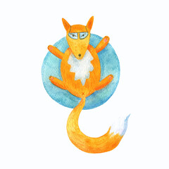 Fox is lying on an inflatable circle with glasses. Watercolor illustration of a red fox for design