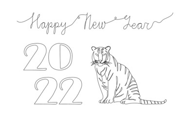 New year card with 2022 and tiger one line art. Continuous line drawing of new year holidays, christmas, chinese new year, symbol of the year, tiger, wild cat.