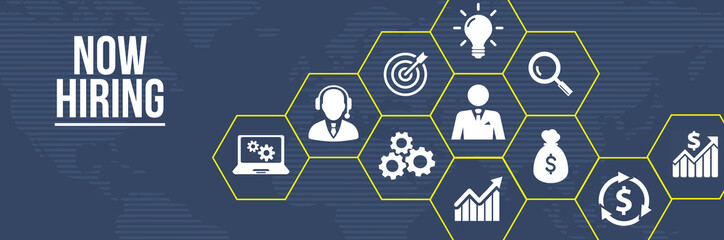 Internet, business, Technology and network concept.NOW HIRING inscription, modern technology business concept. 3d illustration.