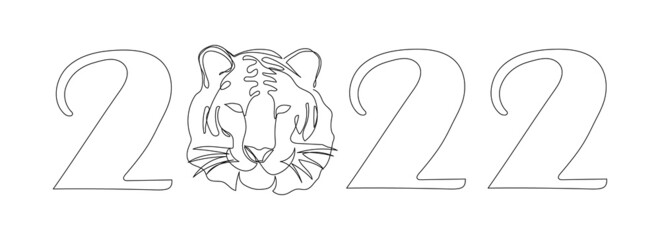 Happy new 2022 year greetings card with tiger head one line art. Continuous line drawing of new year holidays, chinese new year, symbol of the year, tiger, tiger roar.