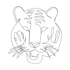 Tiger head one line art. Continuous line drawing of new year, holidays, christmas, traditional, wild cat, predator, Bengal, Indo-Chinese, Malay, jungle, zodiac.