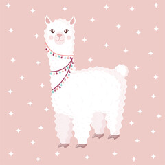 Festive llama or alpaca on a pink background with stars. Vector illustration for baby texture, textile, fabric, poster, greeting card, decor. Character design.