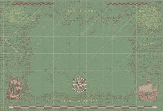 vector image of ancient nautical chart of sea routes of medieval ships