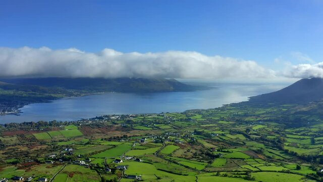 Carlingford Lough, Louth, Ireland, October 2021. Drone pulls east towards the Tain Way away from Bavan and Omeath.