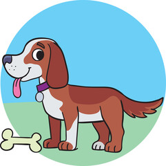 colorful dog with a bone in front on a wide grassy meadow