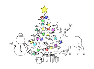 Christmas tree, gifts, deer and snowman one line art. Continuous line drawing of new year holidays, celebration colored garland, holiday, cosiness, snow decoration.