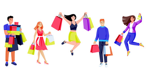 Men and women with shopping bags and boxes. Jumping and walking people with presents. Vector flat cartoon illustration