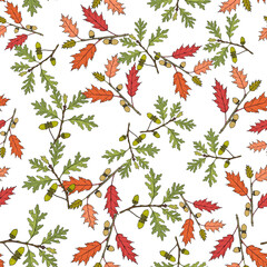 Seamless pattern with white and red oak branches