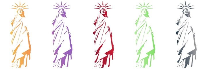 Set of five vector silhouettes of the original design Statue of Liberty. Landmark of New York. Abstract illustration with gradient of different colors.