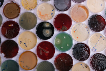collection of culture plates contain growth of microorganisms on different agar media