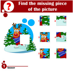 Puzzle game for kids. Education worksheet. Winter theme. Activity page. Cartoon character. A cute deer skating on a skating rink