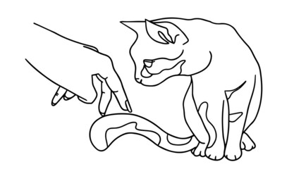 The hand plays with the tail of the cat. The cat sniffs the hand. Playing with your pet. Kitten and man. Taking care of your pet. Design element. Black-white linear vector illustration. 