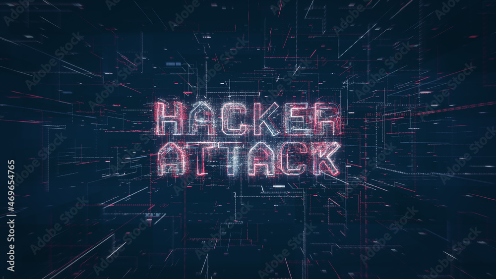 Poster Hacker attack title on a digital binary code network and data background