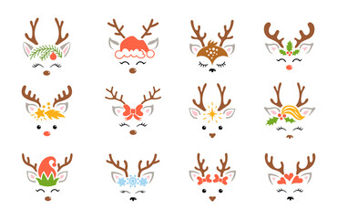 Christmas reindeer set. Kids holiday design with deer faces. Cute cartoon character. Vector decoration elements for celebrating Christmas and New Year. - obrazy, fototapety, plakaty