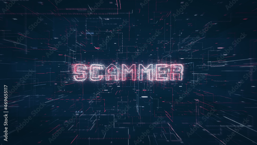 Poster Scammer title on a digital binary code network and data background