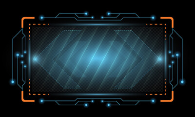 Obraz premium Abstract blue screen Hi-tech hologram frame arrow sign technology background. Futuristic HUD technology frame background.
