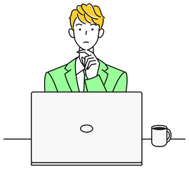 パソコンの前に座り策を考えているスーツ姿の可愛い男性 イラスト ベクター