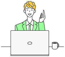 パソコンの前に座り前向きに考えているスーツ姿の可愛い男性 イラスト ベクター