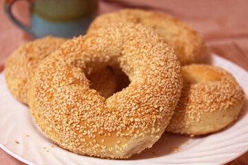 Bagels with sesame seeds, freshly baked bagels close - up view