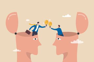 Exchange idea from brainstorm to get new solution to solve problem, sharing knowledge, creativity and innovation concept, businessman open from human brain head to exchange business lightbulb ideas.