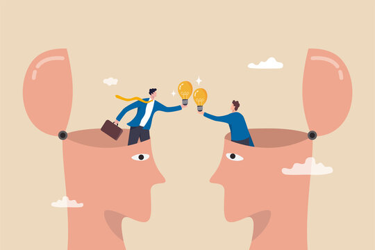 Exchange idea from brainstorm to get new solution to solve problem, sharing knowledge, creativity and innovation concept, businessman open from human brain head to exchange business lightbulb ideas.