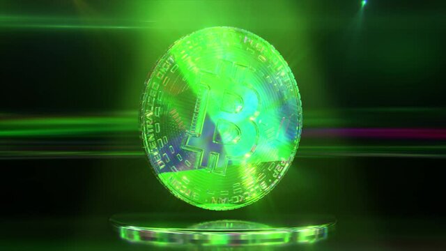 Green bitcoin rotates on a dark background with neon lighting. Cryptocurrency. Lowpoly. 3d animation of seamless loop