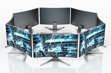 Generic monitors with code wallpapers isolated on white background. 3D illustration