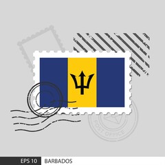 Barbados flag postage stamp. Isolated vector illustration on grey post stamp background and specify is vector eps10.