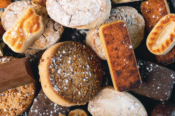 Close-up of nougat christmas sweet,mantecados and polvorones. Assortment of christmas sweets...