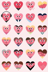 Fototapeta premium A set of 24 original emoticons - hearts. Vector stickers. Funny and cute emojis. Expression of emotions. Various styles of clothing and hairstyles. Valentines for social networks and decorations.