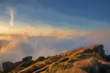 Fine art, artwork. Digital abstract oil painting of a cloud inversion, and mist at The Roaches, Staffordshire