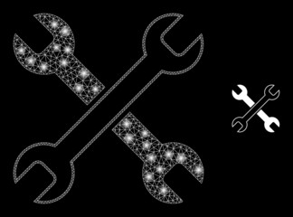 Glossy polygonal mesh net wrenches icon with glitter effect on a black background. Wire frame wrenches iconic vector with glamour points in majestic colors.