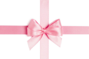 Beautiful pink satin ribbon with bow isolated on white.