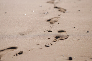 Fototapeta na wymiar Human foot prints on golden beach sand