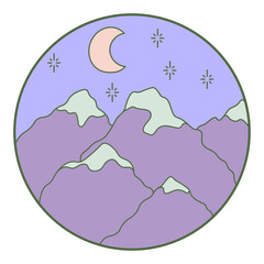 Vector illustration of mountain. Colorful hand drawn outline icon in circle frame. For print, web, design, decor, logo.