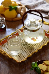 A warm winter herbal drink Ginger, lemon and honey