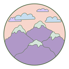 Vector illustration of mountain. Colorful hand drawn outline icon in circle frame. For print, web, design, decor, logo.